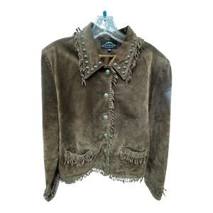 MONTANACO SW Fringe Navajo Indian Stamp Work Turquois Buttons Leather Jacket